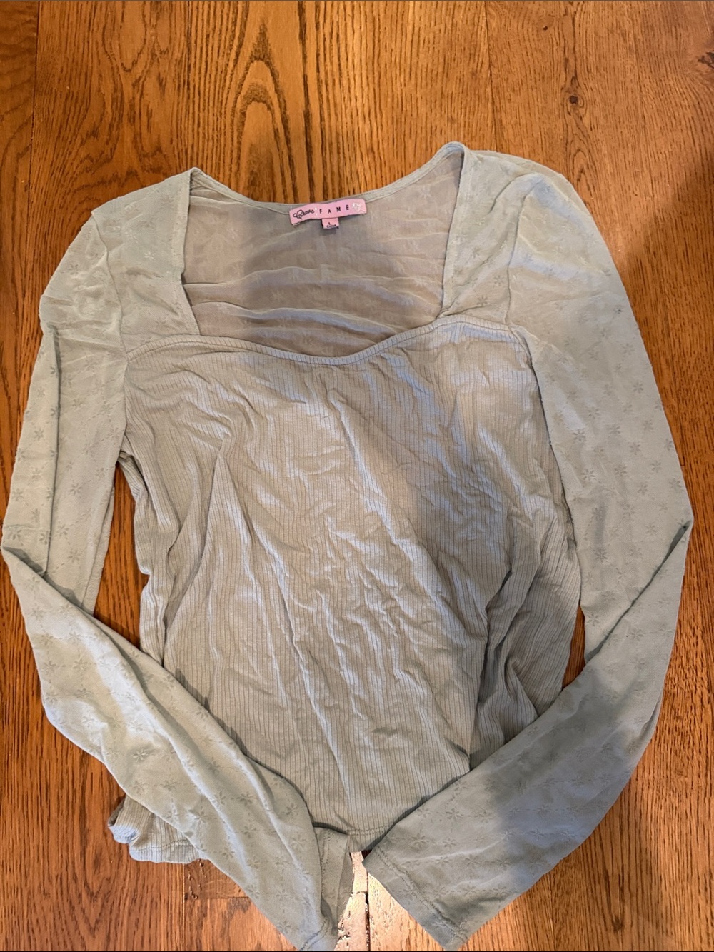 Crave Fame Light Sage Long Sheer Sleeve Scoop Neck Top